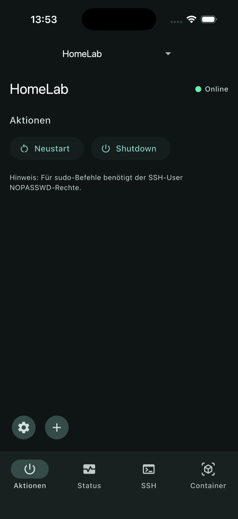 Aktionen-Tab ohne Wake-on-LAN — für Server, die WoL nicht unterstützen