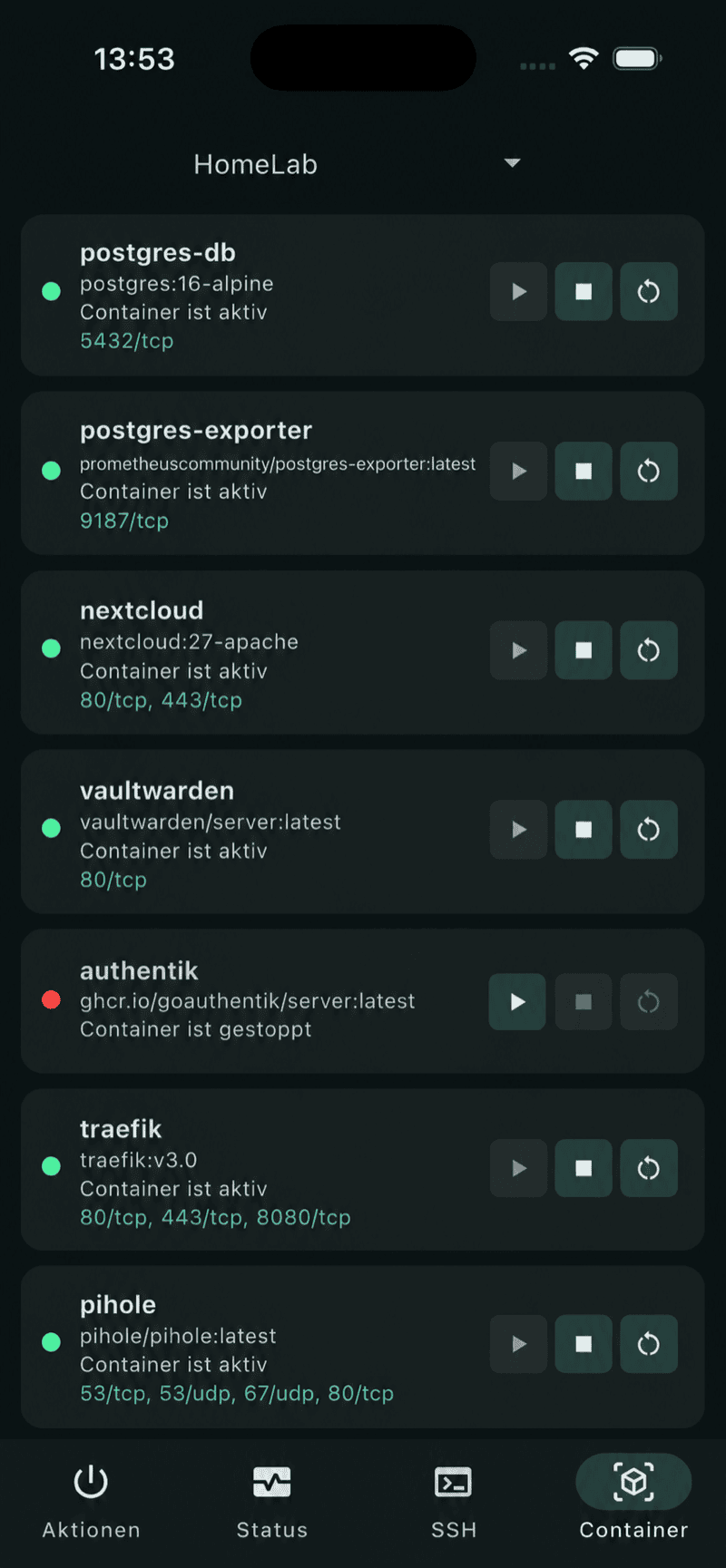 Docker-Container live anzeigen, starten, stoppen und neu starten